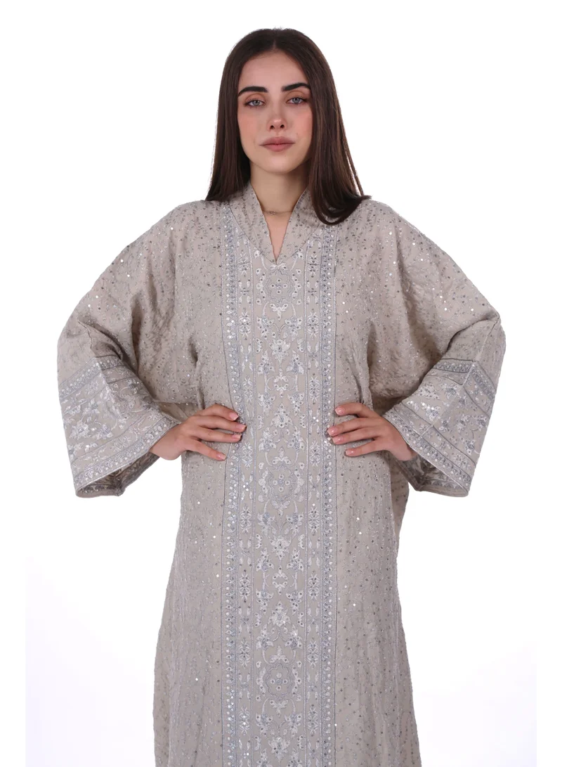 AL BENT AL SHARQIEH khaki beige Embroidered Linen Jalabiya dress with unvisible belt for Women | Best Price UAE